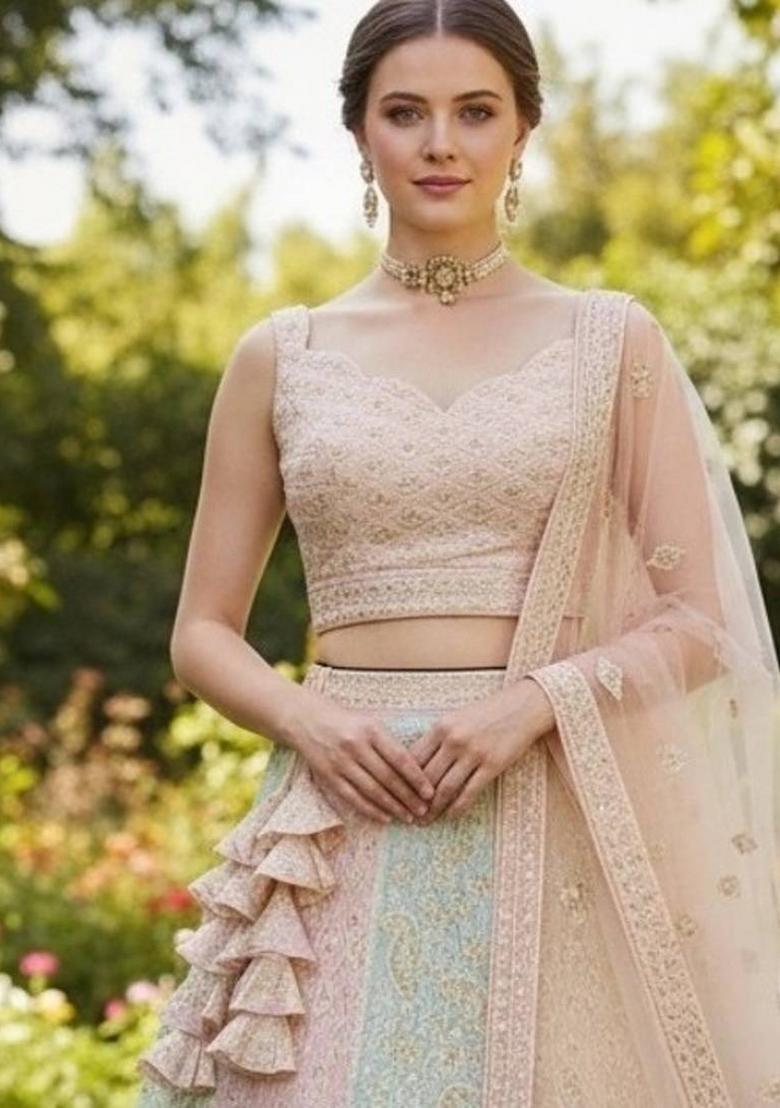 Multicolor Embroidered Georgette Lehenga Set - Indya
