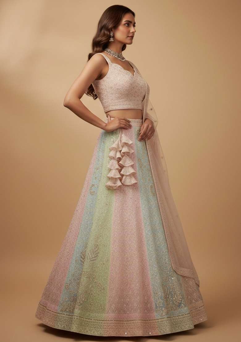 Multicolor Georgette Lehenga Set with Embroidered for Diwali | Wedding & Festive Wear - Indya