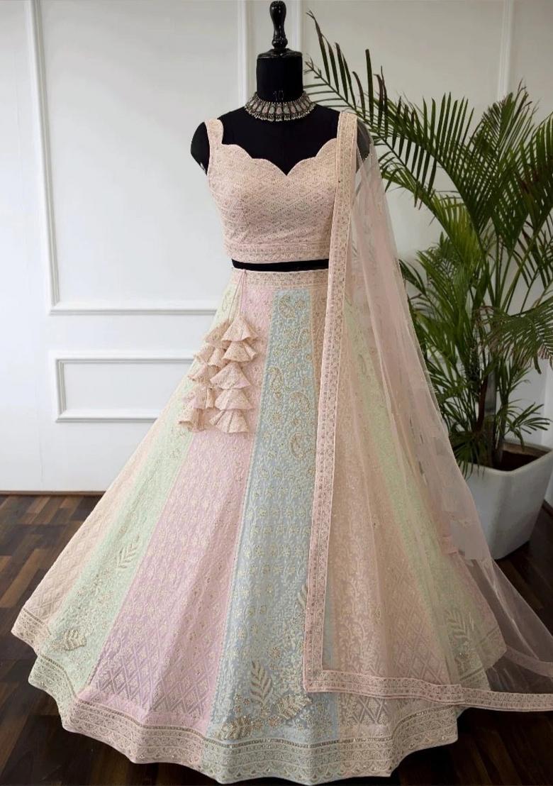 Multicolor Embroidered Georgette Lehenga Set - Indya