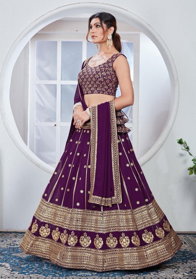 Purple Embroidered Georgette Lehenga Set - Indya