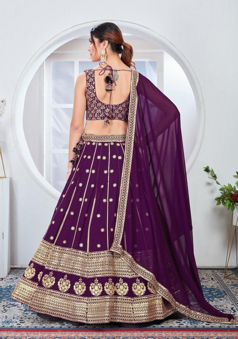 Purple Embroidered Georgette Lehenga Set - Indya