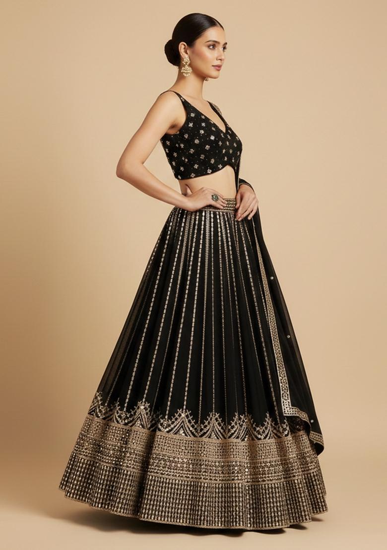Black Embroidered Georgette Lehenga Set - Indya