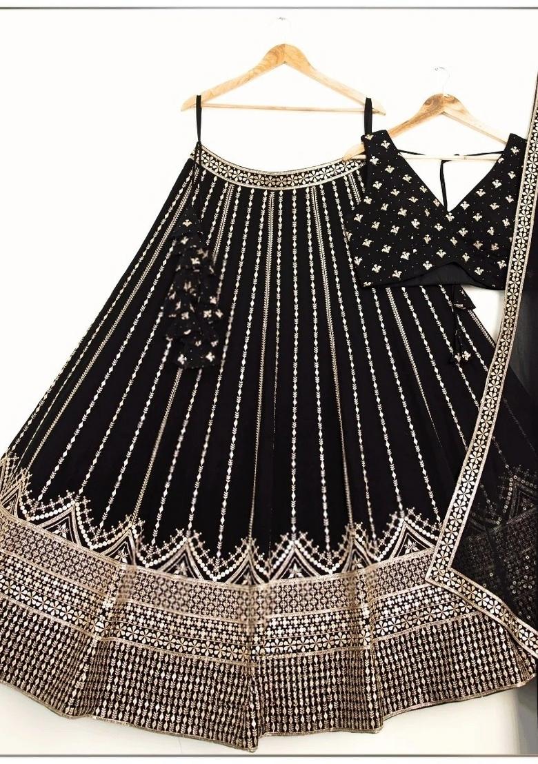 Black Embroidered Georgette Lehenga Set - Indya