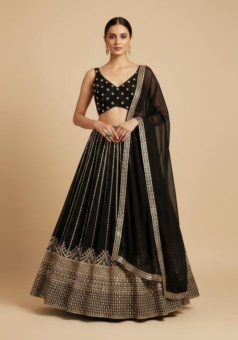 Black Embroidered Georgette Lehenga Set