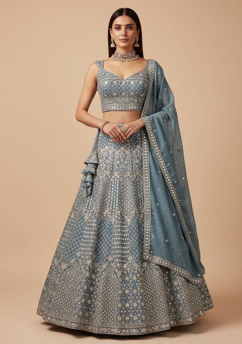 Blue Embroidered Georgette Lehenga Set for Diwali and Festive Wear - Indya