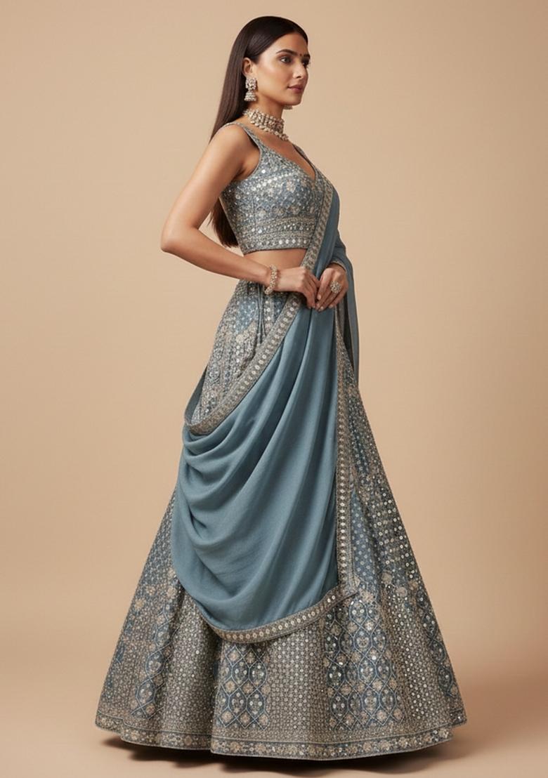 Blue Embroidered Georgette Lehenga Set - Indya