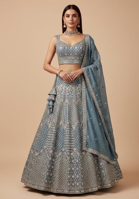 Blue Embroidered Georgette Lehenga Set