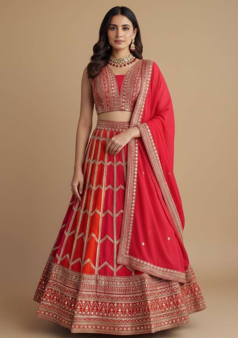 Orange And Pink Embroidered Georgette Lehenga Set for Diwali and Festive Wear - Indya