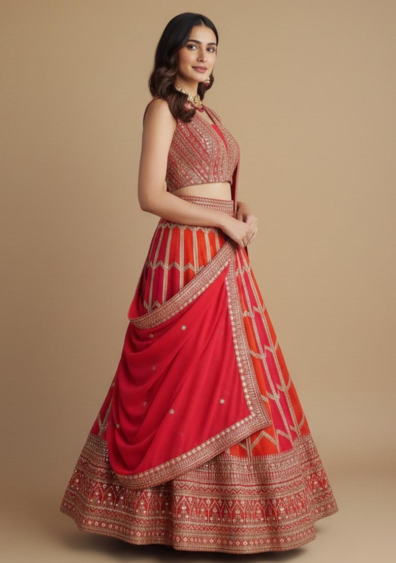 Orange And Pink Embroidered Georgette Lehenga Set - Indya