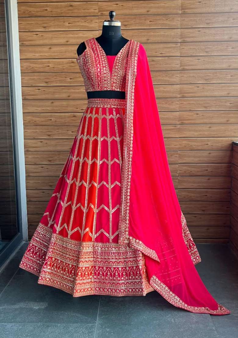 Orange And Pink Embroidered Georgette Lehenga Set for Diwali and Festive Wear - Indya