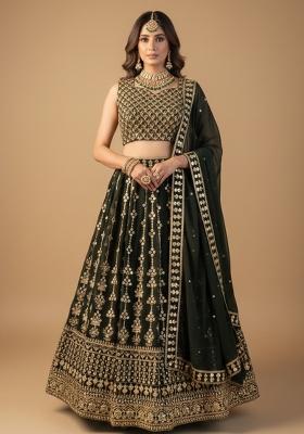 Bottel Green Embroidered Georgette Lehenga Set