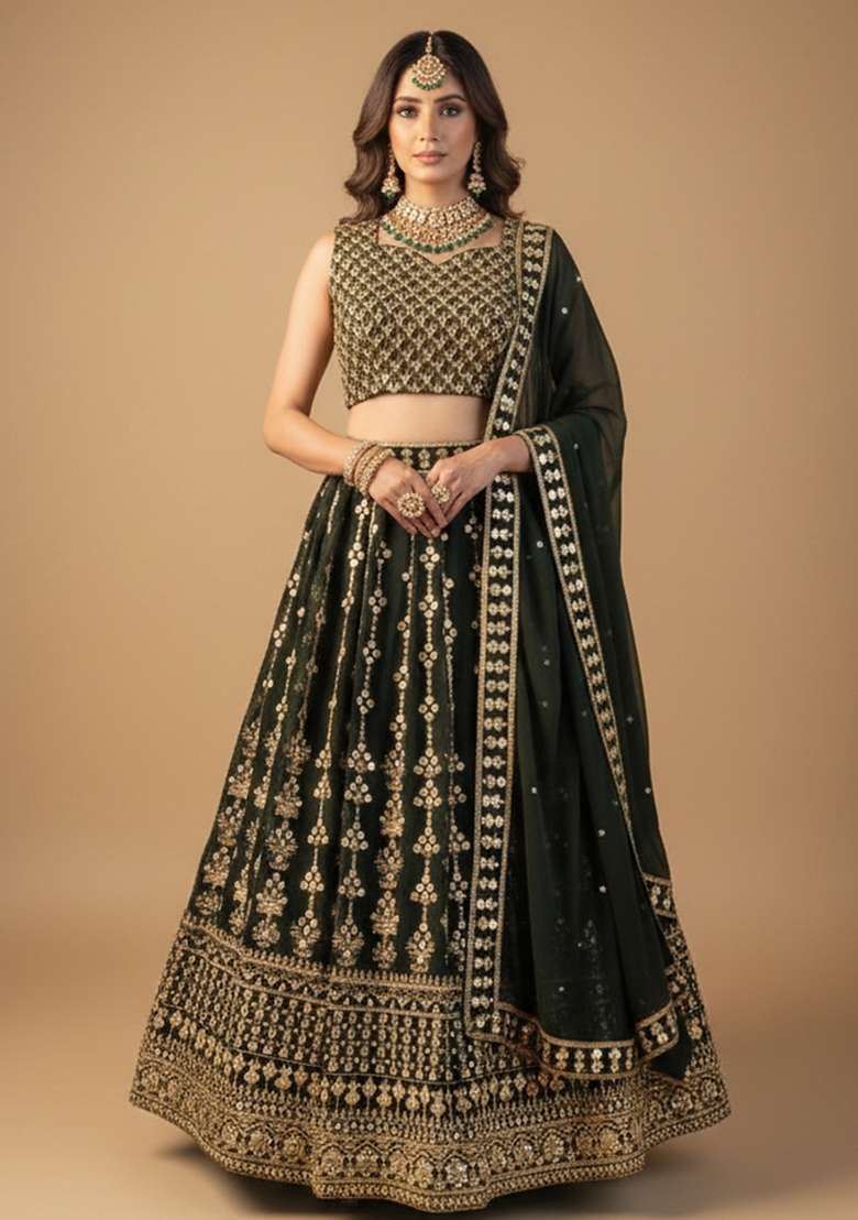Bottel Green Embroidered Georgette Lehenga Set for Diwali and Festive Wear - Indya