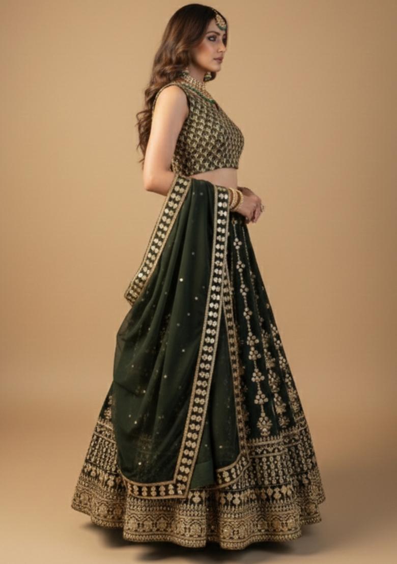 Bottel Green Embroidered Georgette Lehenga Set - Indya