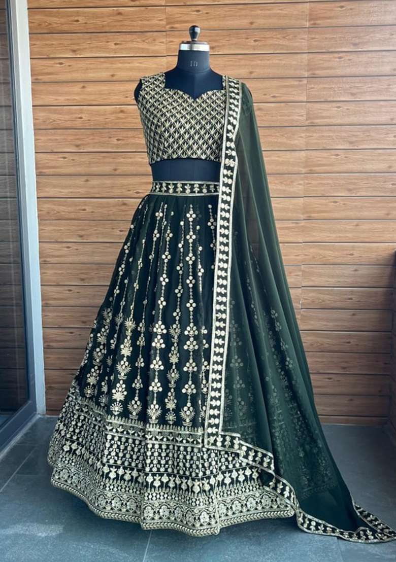Bottel Green Embroidered Georgette Lehenga Set for Diwali and Festive Wear - Indya