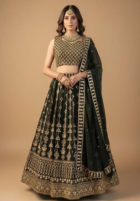 Bottel Green Embroidered Georgette Lehenga Set for Diwali and Festive Wear