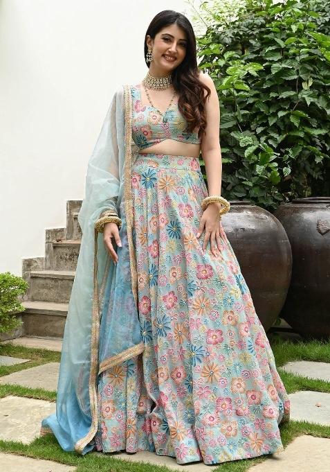 Multicolor Printed Silk Lehenga Set