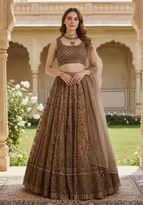 Brown Embroidered Net Lehenga Set
