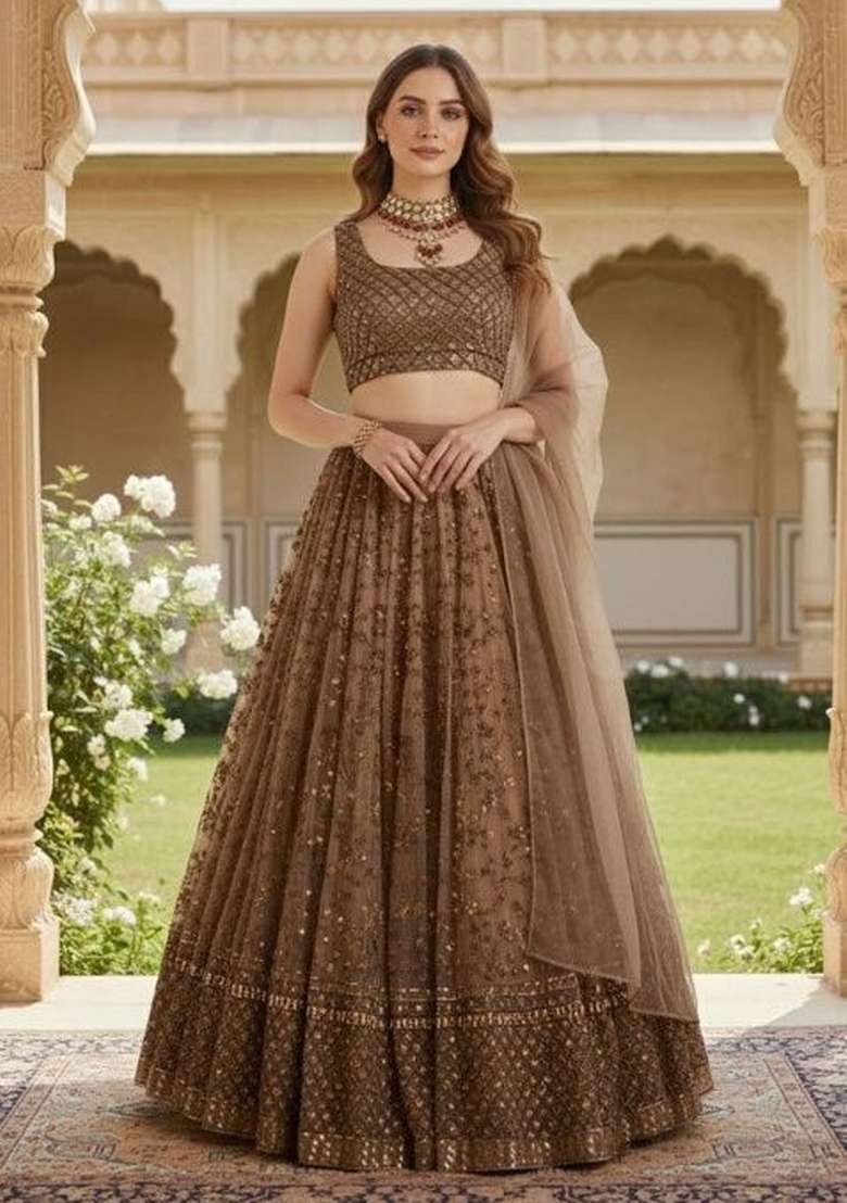 Brown Net Lehenga Set with Embroidered for Diwali | Wedding & Festive Wear - Indya