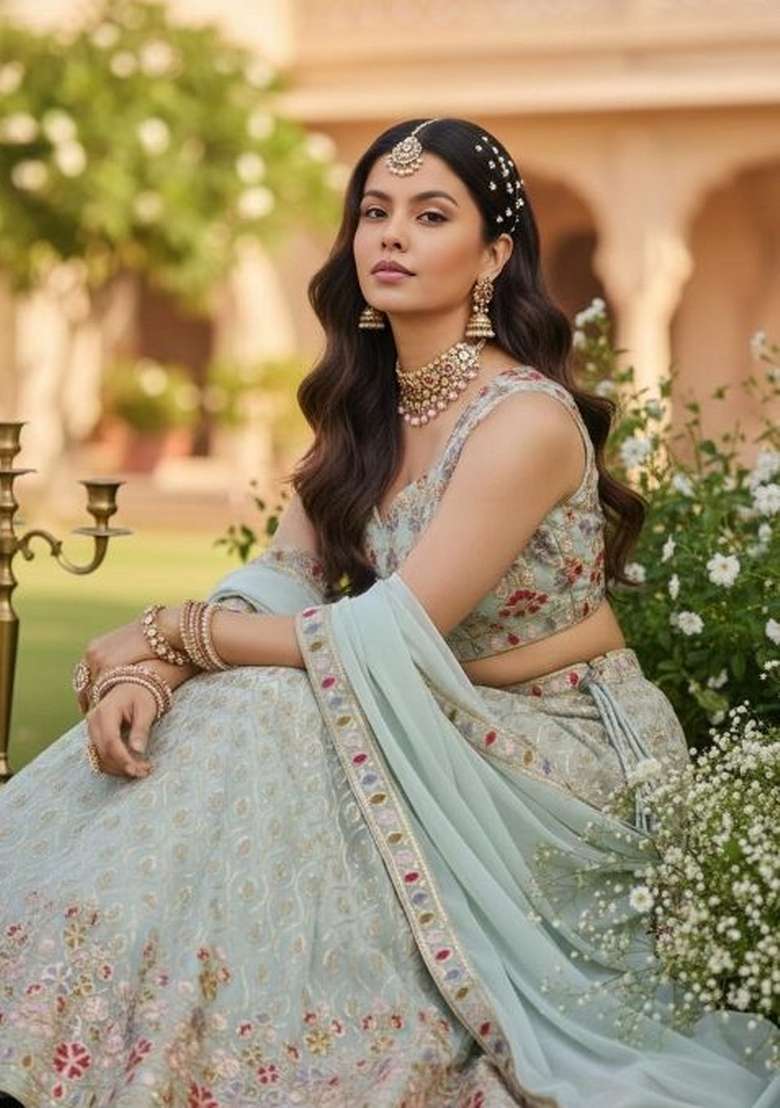 Pista Embroidered Georgette Lehenga Set for Diwali and Festive Wear - Indya