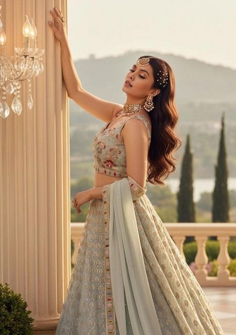 Pista Embroidered Georgette Lehenga Set - Indya