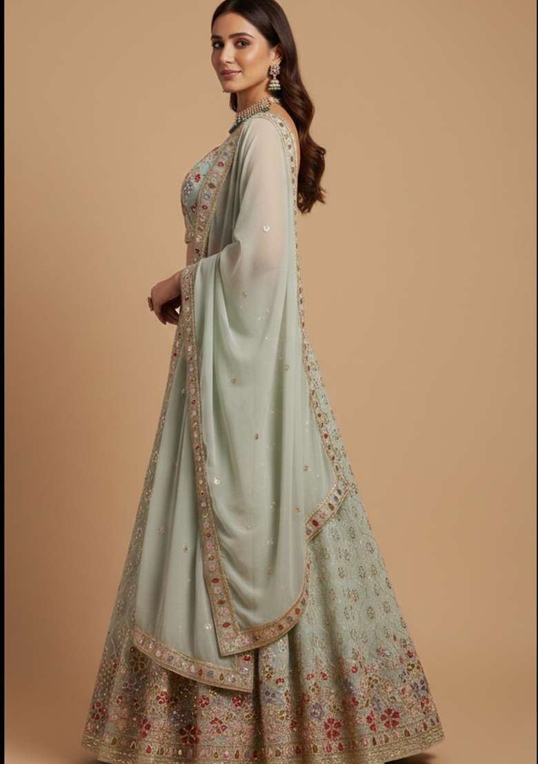 Pista Embroidered Georgette Lehenga Set for Diwali and Festive Wear - Indya