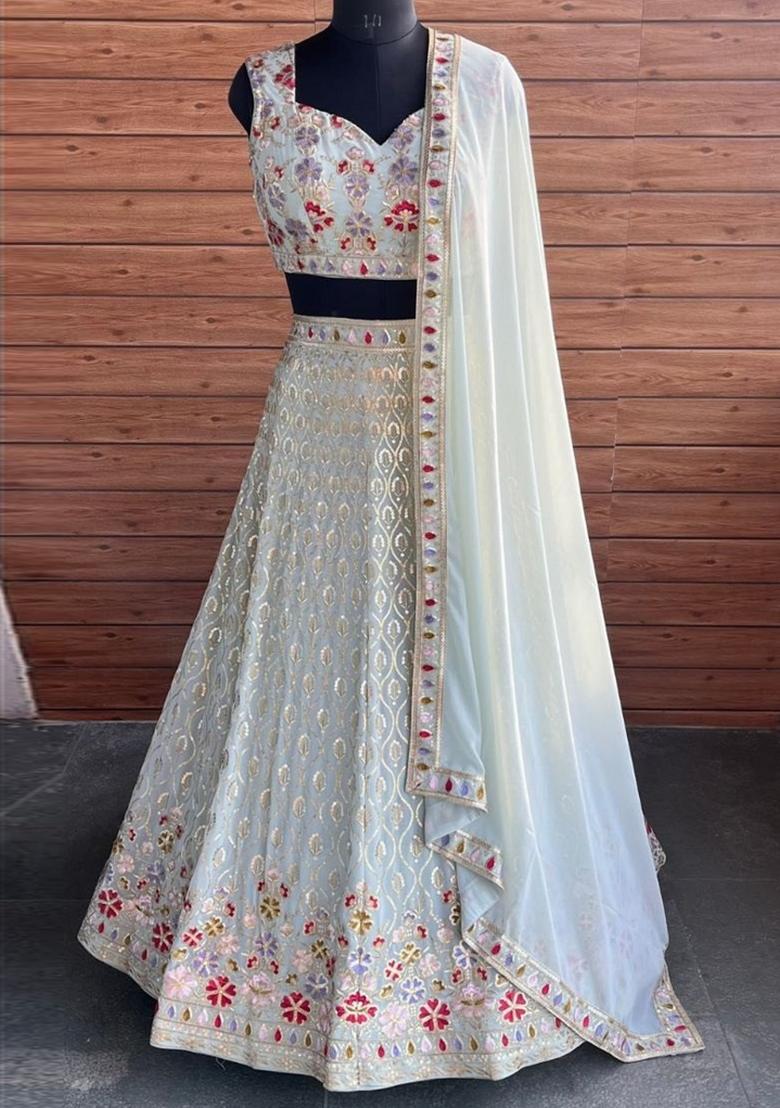 Pista Embroidered Georgette Lehenga Set - Indya