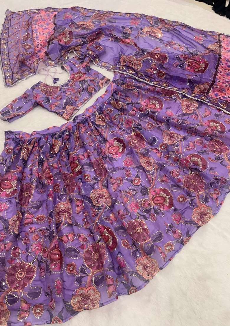 Purple Embroidered Silk Lehenga Set for Diwali and Festive Wear - Indya