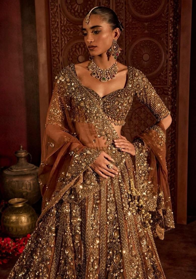 Brown Sequin Work Net Lehenga Set - Indya