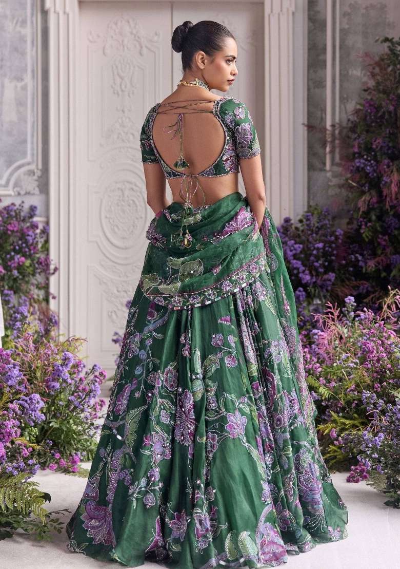 Green Silk Lehenga Set with Embroidered for Diwali | Wedding & Festive Wear - Indya