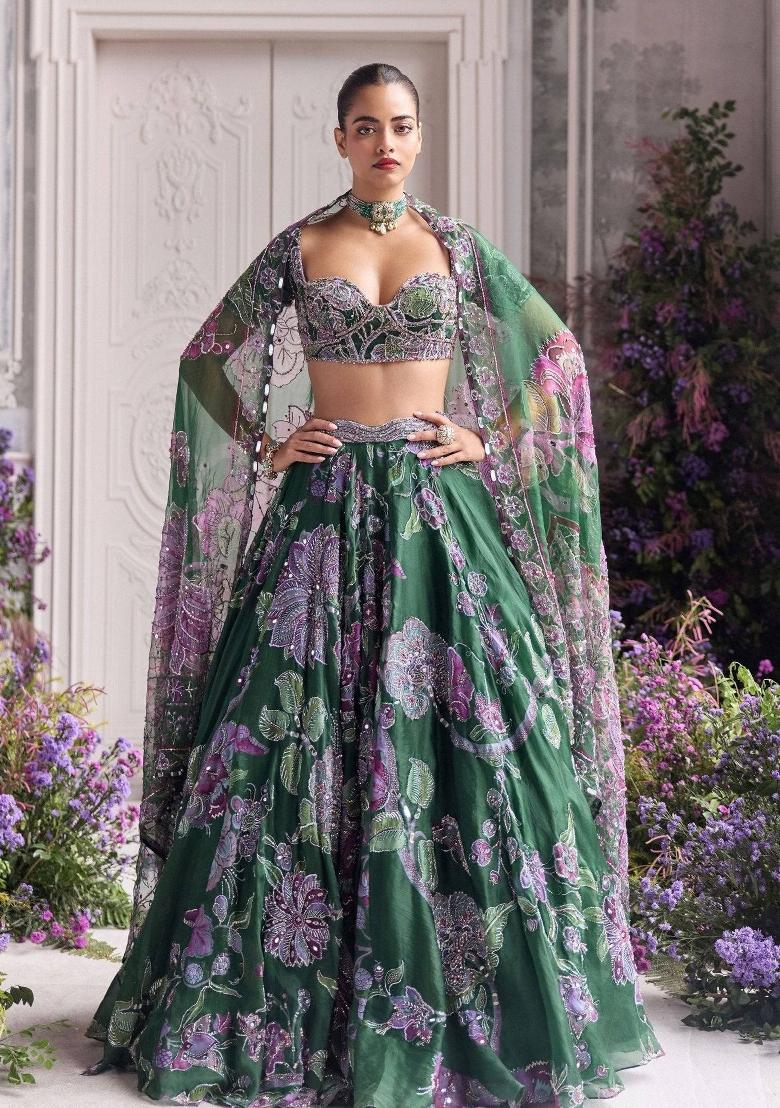 Green Embroidered Silk Lehenga Set - Indya