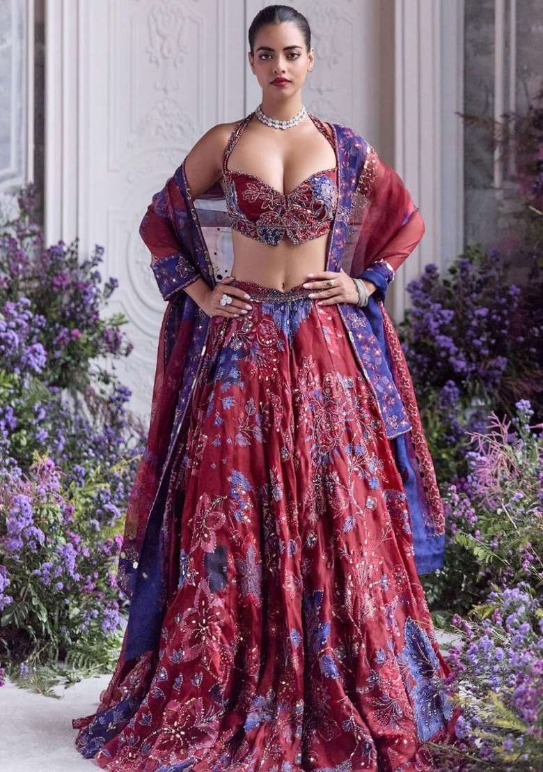 Maroon Embroidered Silk Lehenga Set for Diwali and Festive Wear - Indya