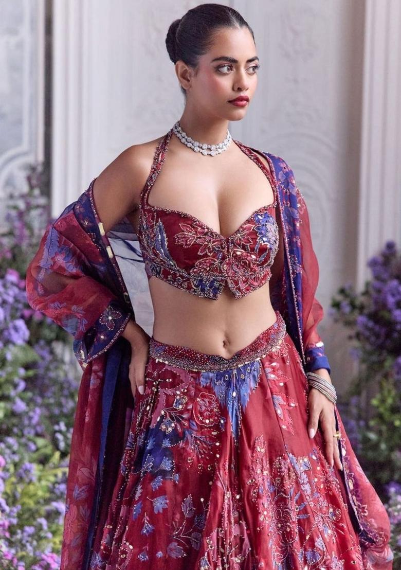 Maroon Embroidered Silk Lehenga Set - Indya