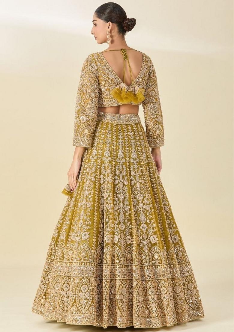 Yellow Embroidered Net Lehenga Set - Indya