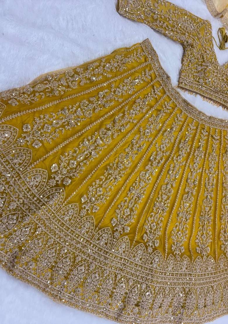 Yellow Embroidered Net Lehenga Set for Diwali and Festive Wear - Indya
