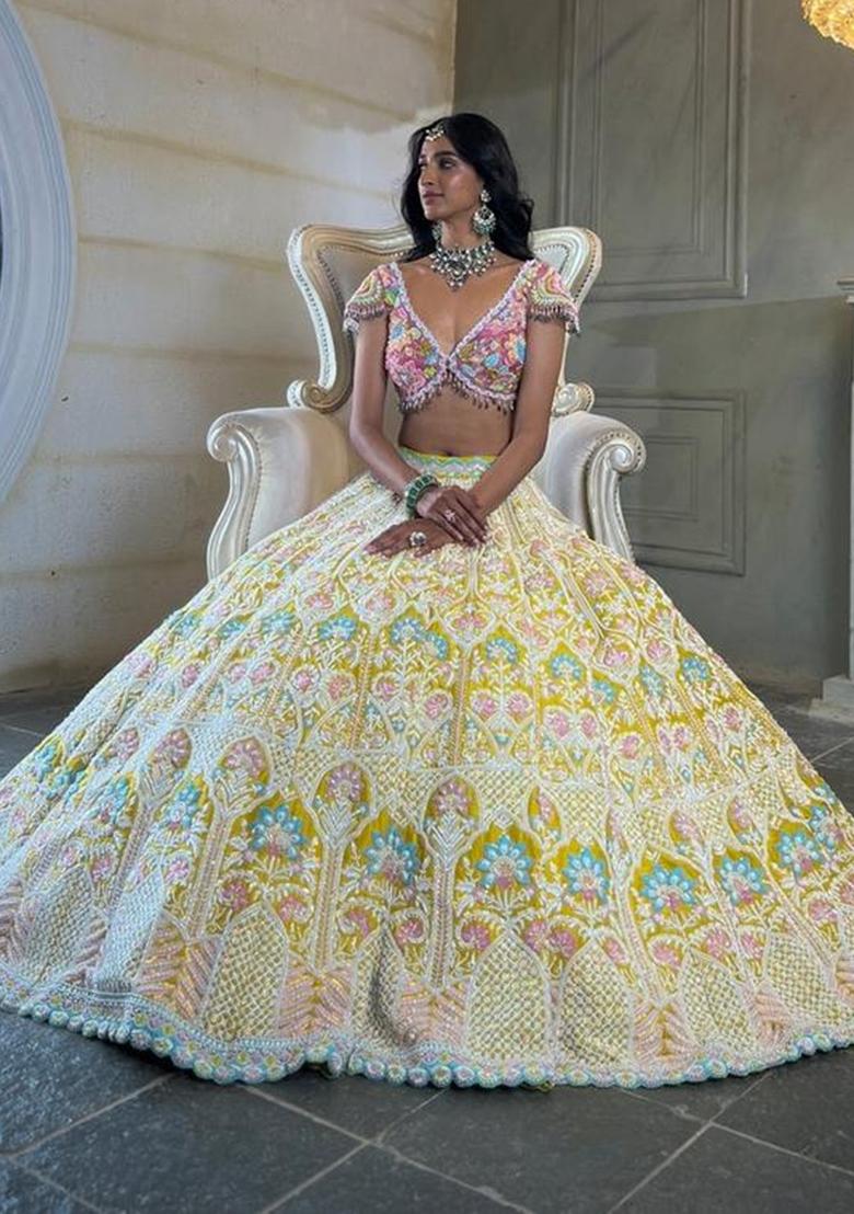 Yellow Embroidered Silk Lehenga Set - Indya