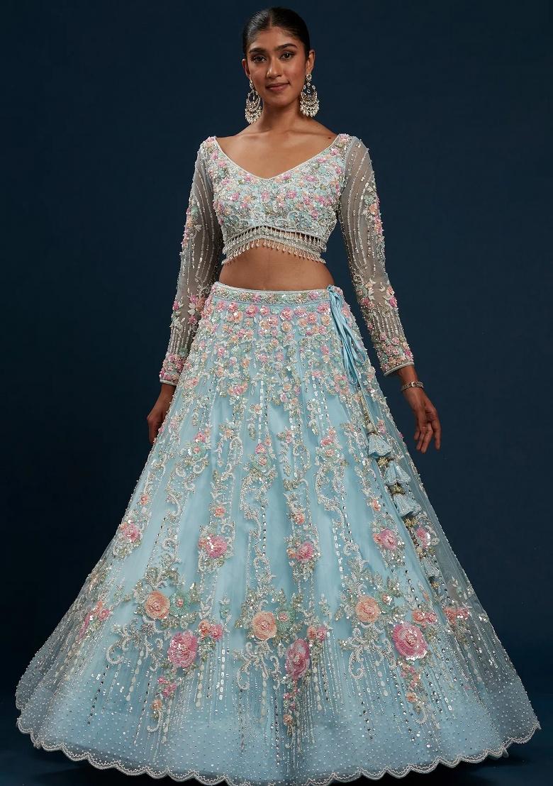 Multicolor Embroidered Silk Lehenga Set - Indya