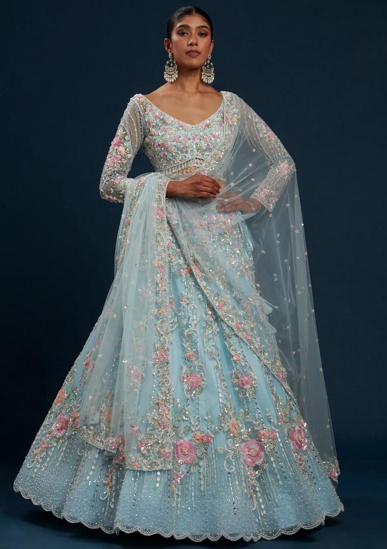 Multicolor Embroidered Silk Lehenga Set - Indya