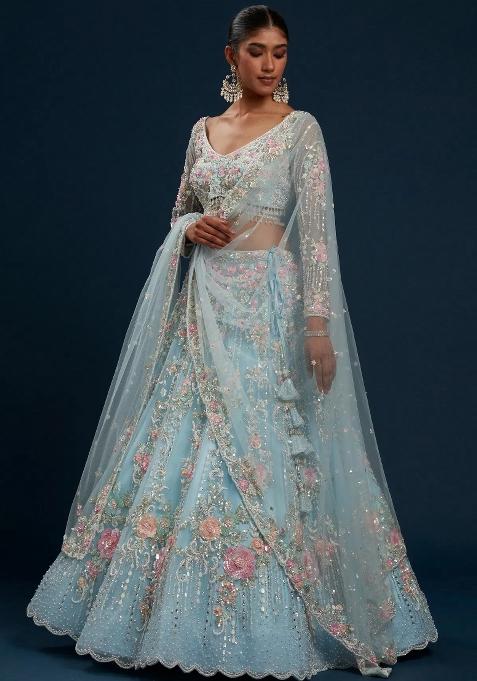Multicolor Embroidered Silk Lehenga Set