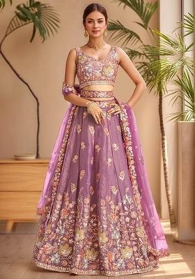 Purple Embroidered Fandi Lehenga Set