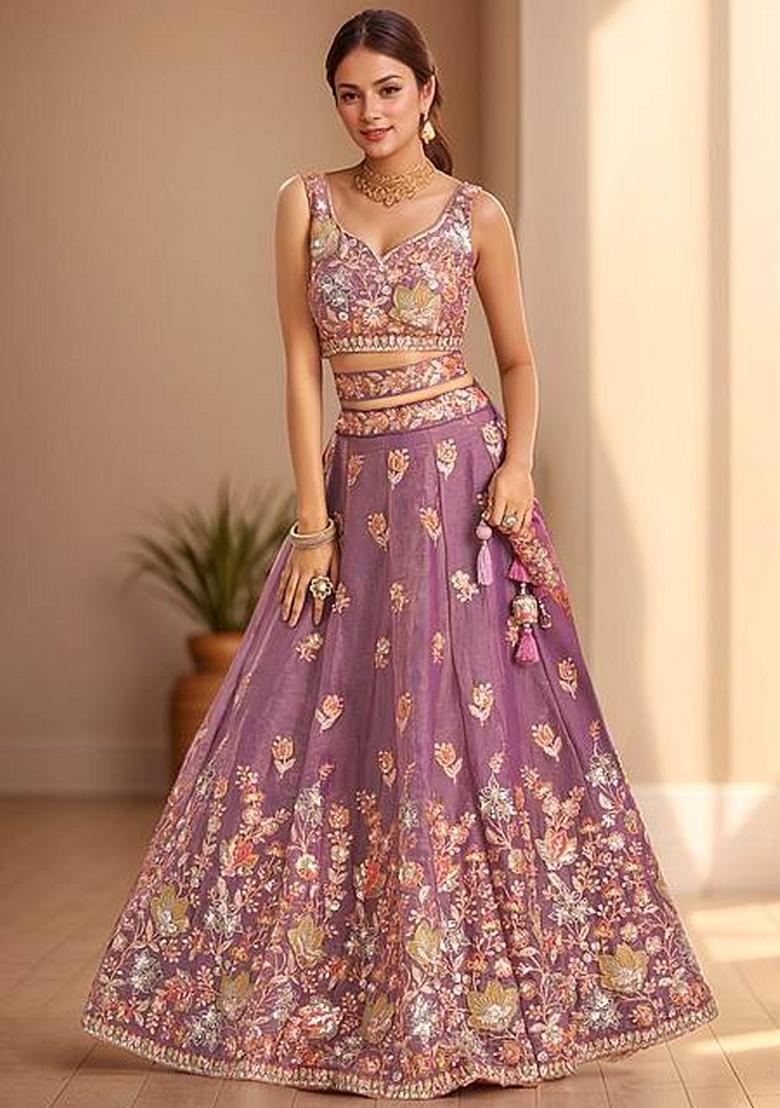 Purple Embroidered Fandi Lehenga Set - Indya