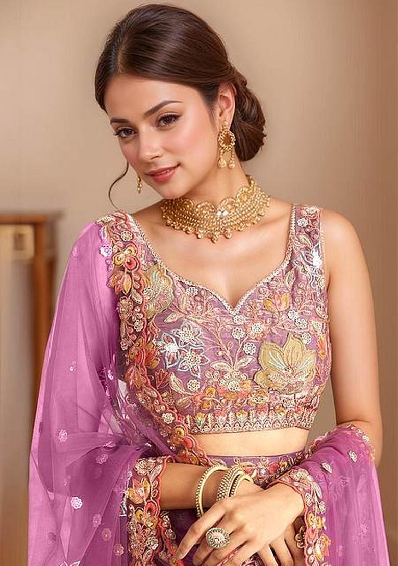 Purple Embroidered Fandi Lehenga Set - Indya