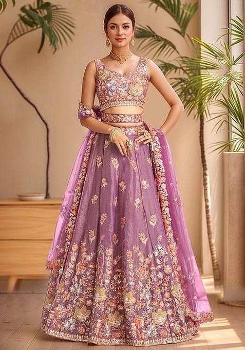 Purple Embroidered Fandi Lehenga Set