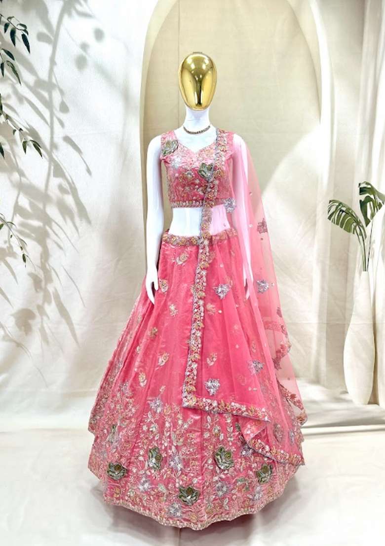 Pink Fandi Lehenga Set with Embroidered for Diwali | Wedding & Festive Wear - Indya
