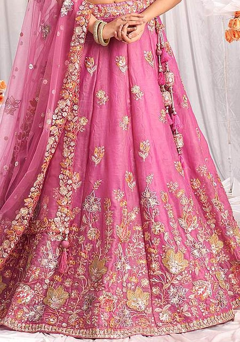 Pink Embroidered Fandi Lehenga Set - Indya