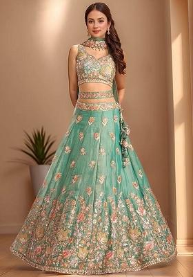 Sea Green Embroidered Fandi Lehenga Set