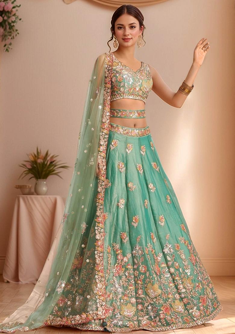 Sea Green Embroidered Fandi Lehenga Set - Indya