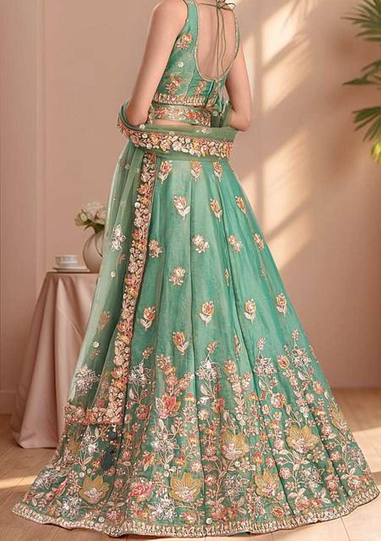 Sea Green Fandi Lehenga Set with Embroidered for Diwali | Wedding & Festive Wear - Indya