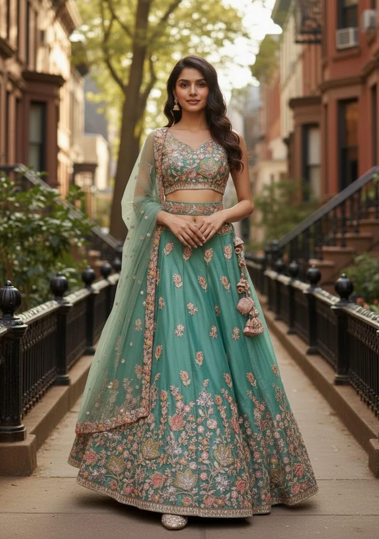 Sea Green Embroidered Fandi Lehenga Set - Indya