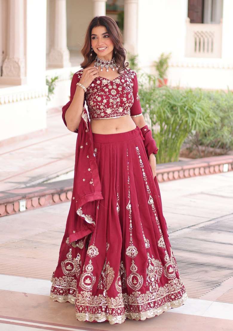 Maroon Embroidered Silk Lehenga Set - Indya