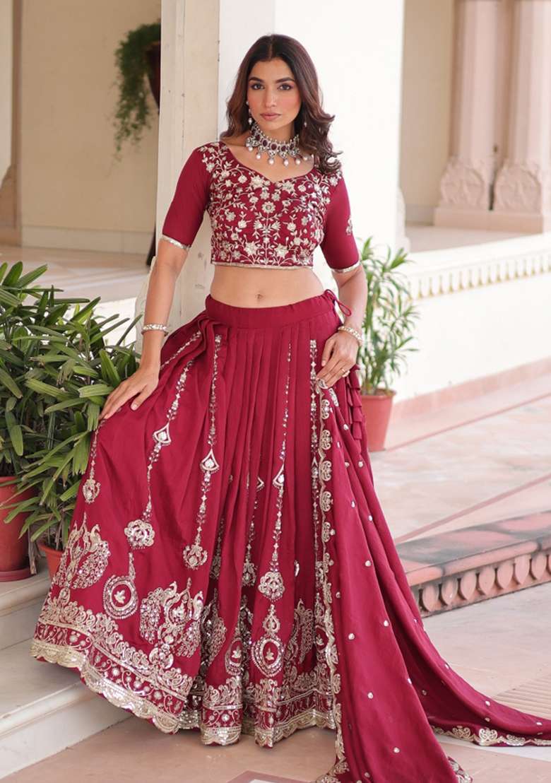 Maroon Embroidered Silk Lehenga Set - Indya